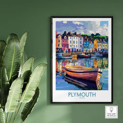 Plymouth England Art - Colorful Boat Scene Print featuring vibrant boats in a serene harbor setting.