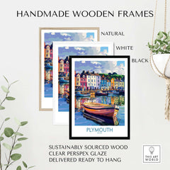 Plymouth England Art - Colorful Boat Scene Print in handmade wooden frames, showcasing vibrant coastal scenery.