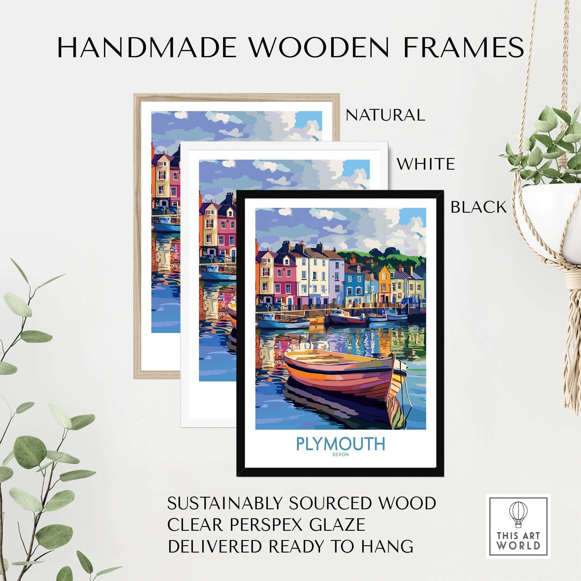 Plymouth England Art - Colorful Boat Scene Print in handmade wooden frames, showcasing vibrant coastal scenery.