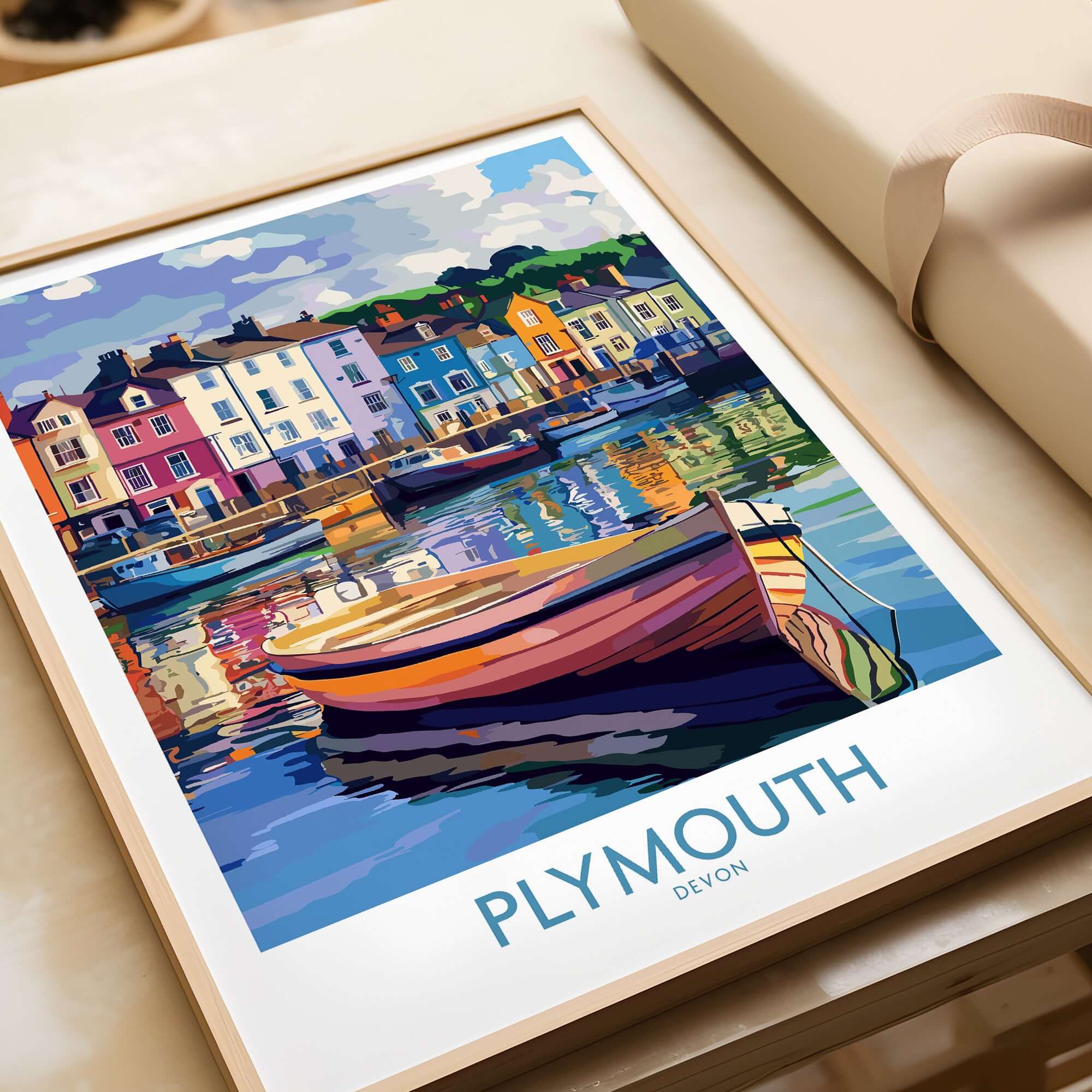 Plymouth England Art - Colorful Boat Scene Print showcasing vibrant boats in a beautiful setting.