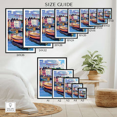 Plymouth Harbour Wall Art - Devon Travel Poster Print size guide with various frame dimensions displayed.