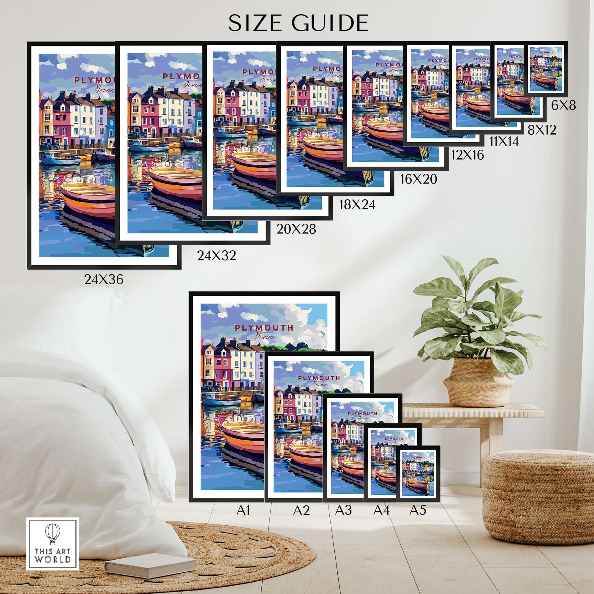 Plymouth Harbour Wall Art - Devon Travel Poster Print size guide with various frame dimensions displayed.