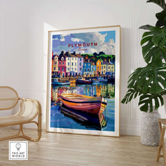 Plymouth Harbour Wall Art - Devon Travel Poster Print featuring a colorful depiction of a boat and waterfront houses.