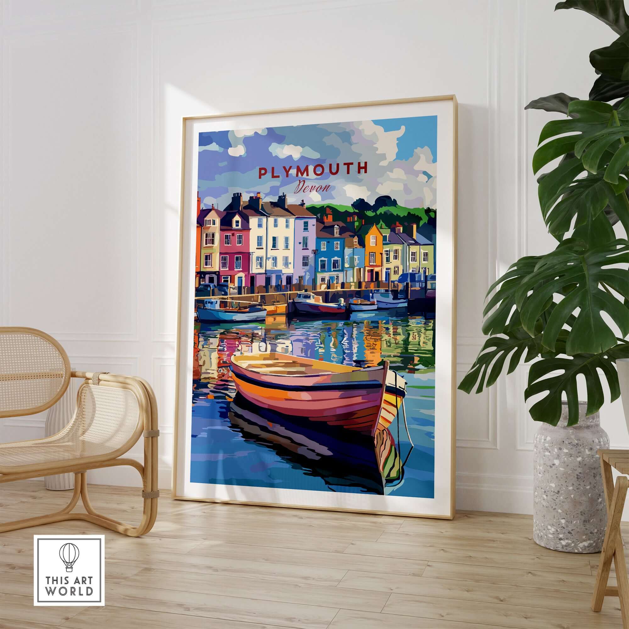 Plymouth Harbour Wall Art - Devon Travel Poster Print featuring a colorful depiction of a boat and waterfront houses.
