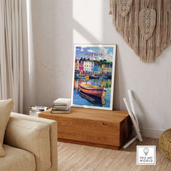 Plymouth Harbour Wall Art - Devon Travel Poster Print displayed in a cozy living room setting.