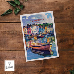 Plymouth Harbour Wall Art - Devon Travel Poster Print showcasing vibrant boats and colorful buildings.