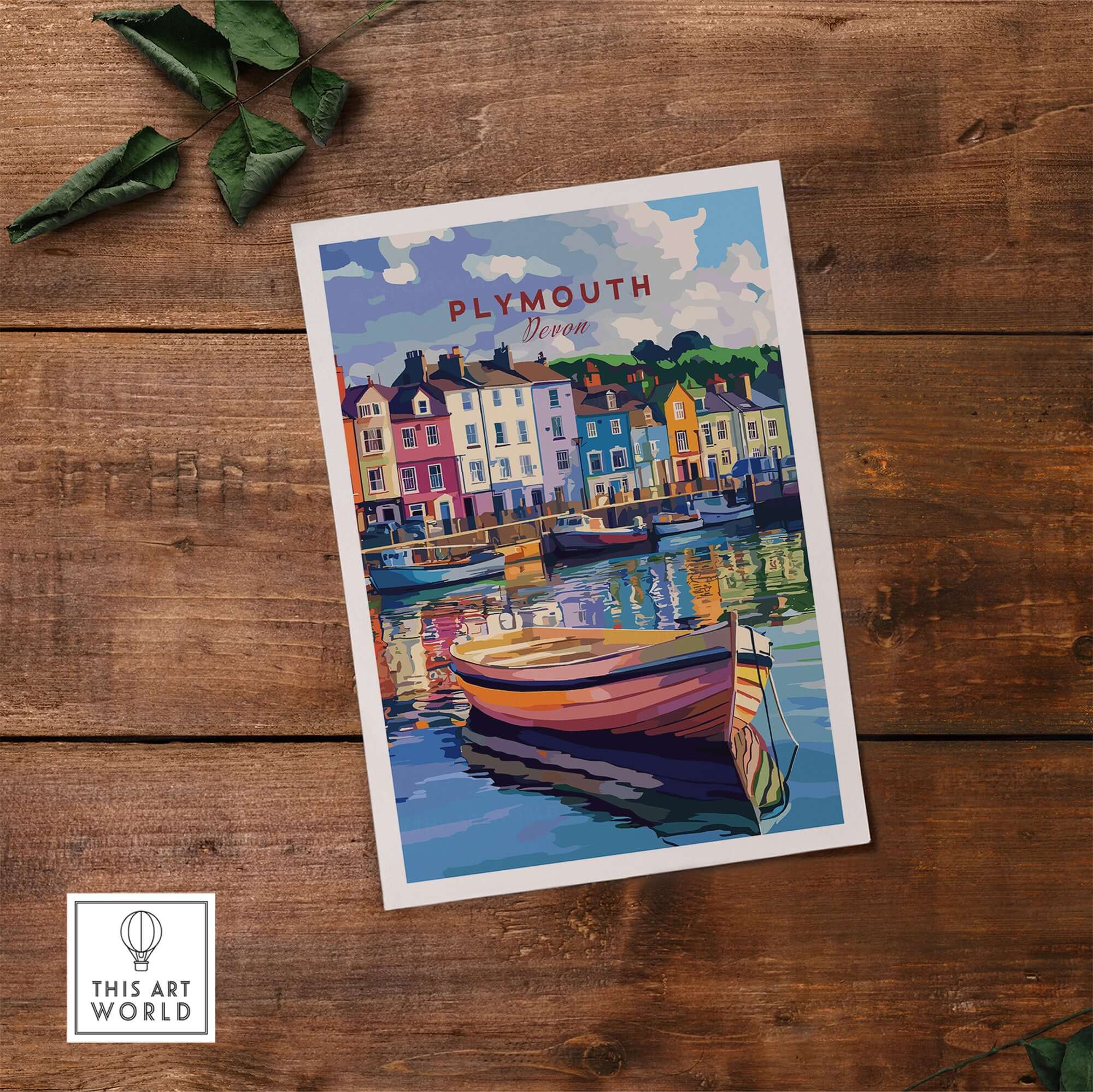 Plymouth Harbour Wall Art - Devon Travel Poster Print showcasing vibrant boats and colorful buildings.