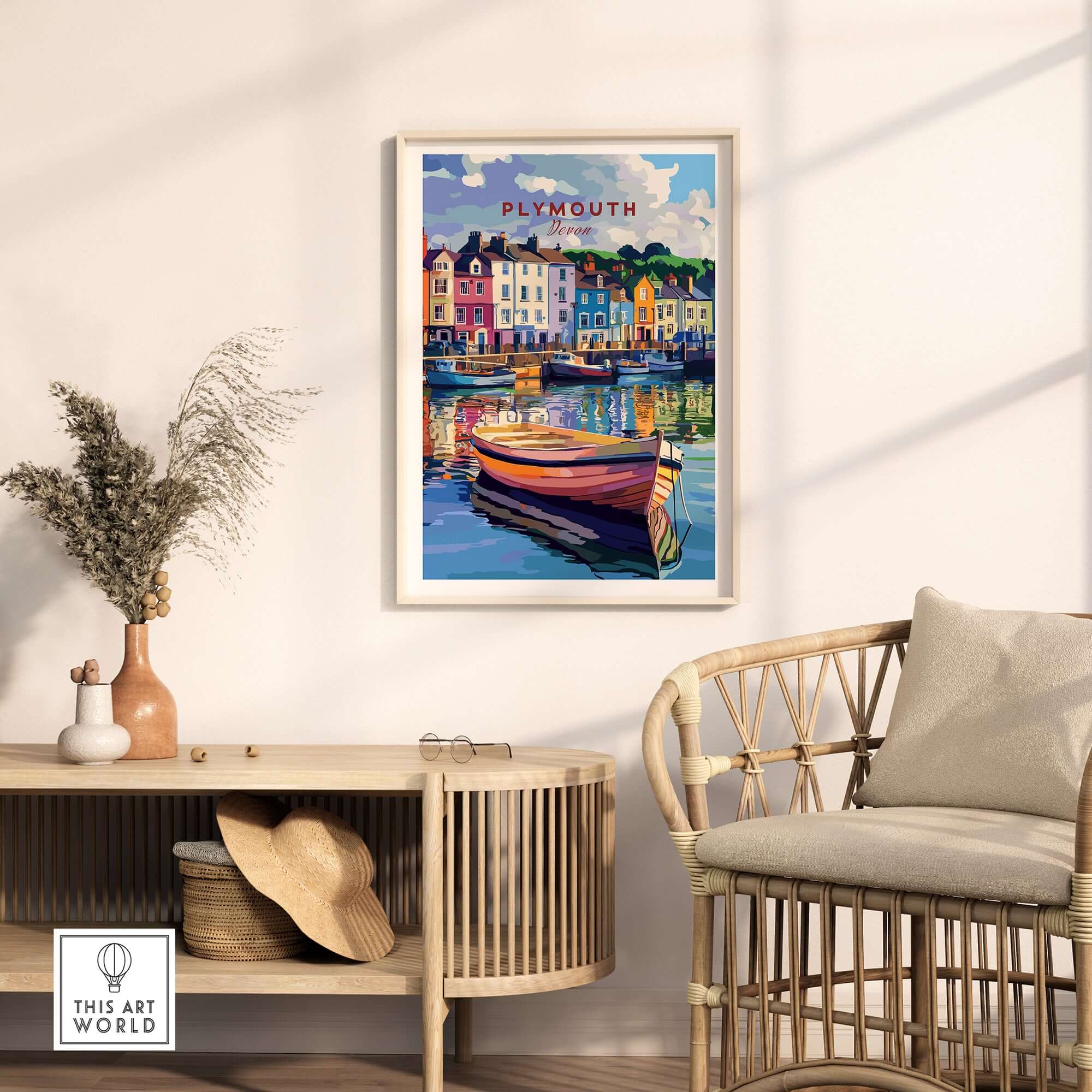 Plymouth Harbour Wall Art - Devon Travel Poster Print displayed in a cozy room on a wall.