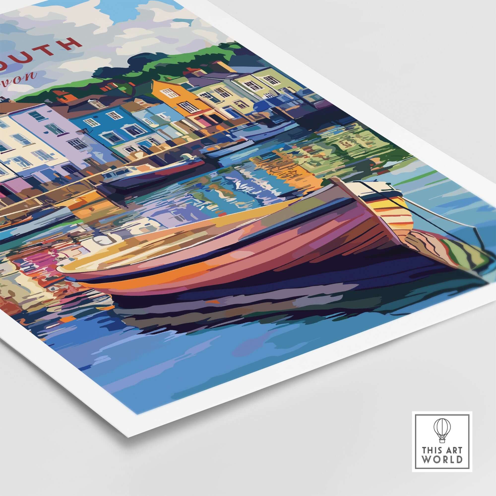 Plymouth Harbour Wall Art - Devon Travel Poster Print featuring a colorful boat and reflections in the water.