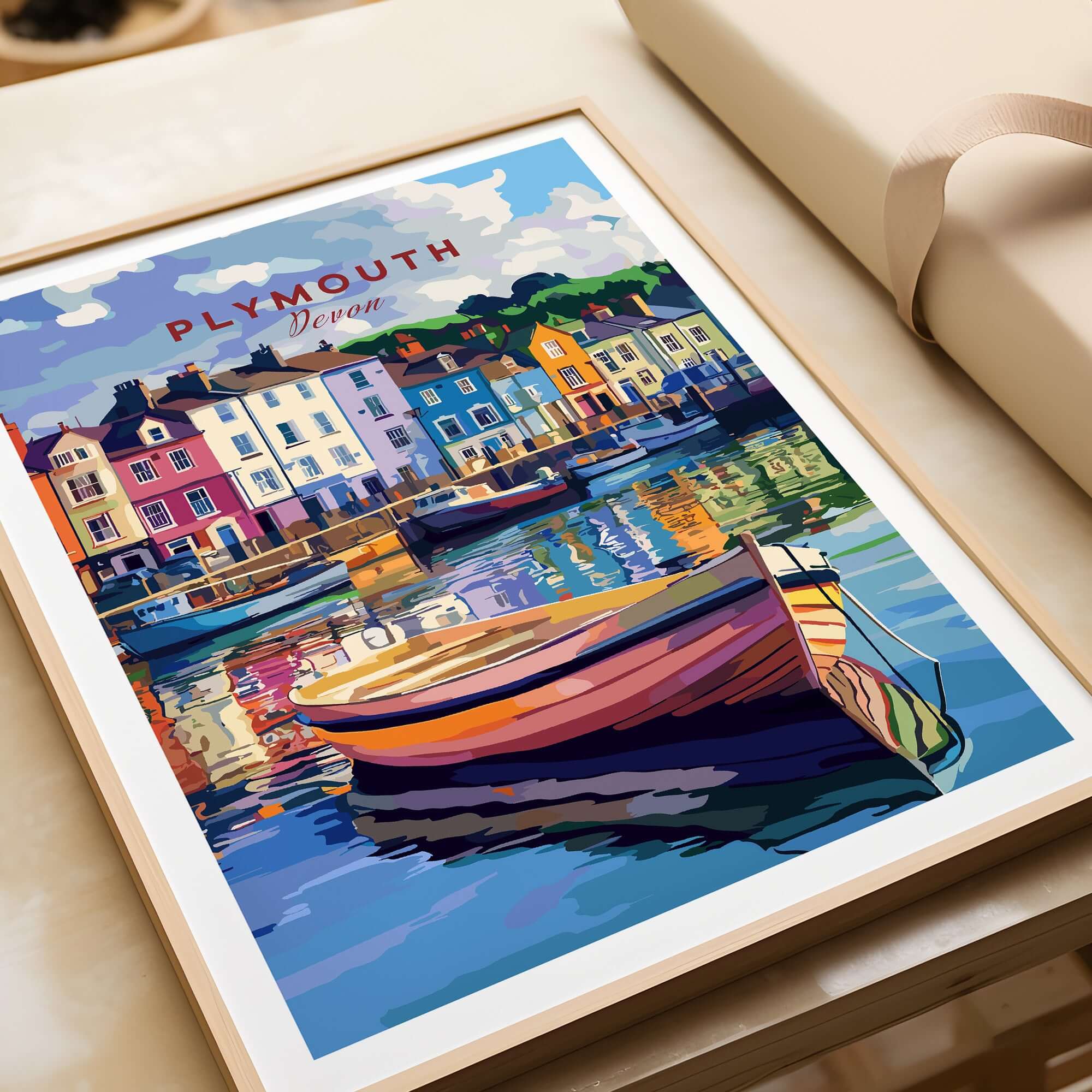 Plymouth Harbour Wall Art - Devon Travel Poster Print showcasing colorful boats and buildings by the water.