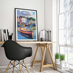 Plymouth Harbour Wall Art - Devon Travel Poster Print showcasing a colorful boating scene in a modern interior setting.