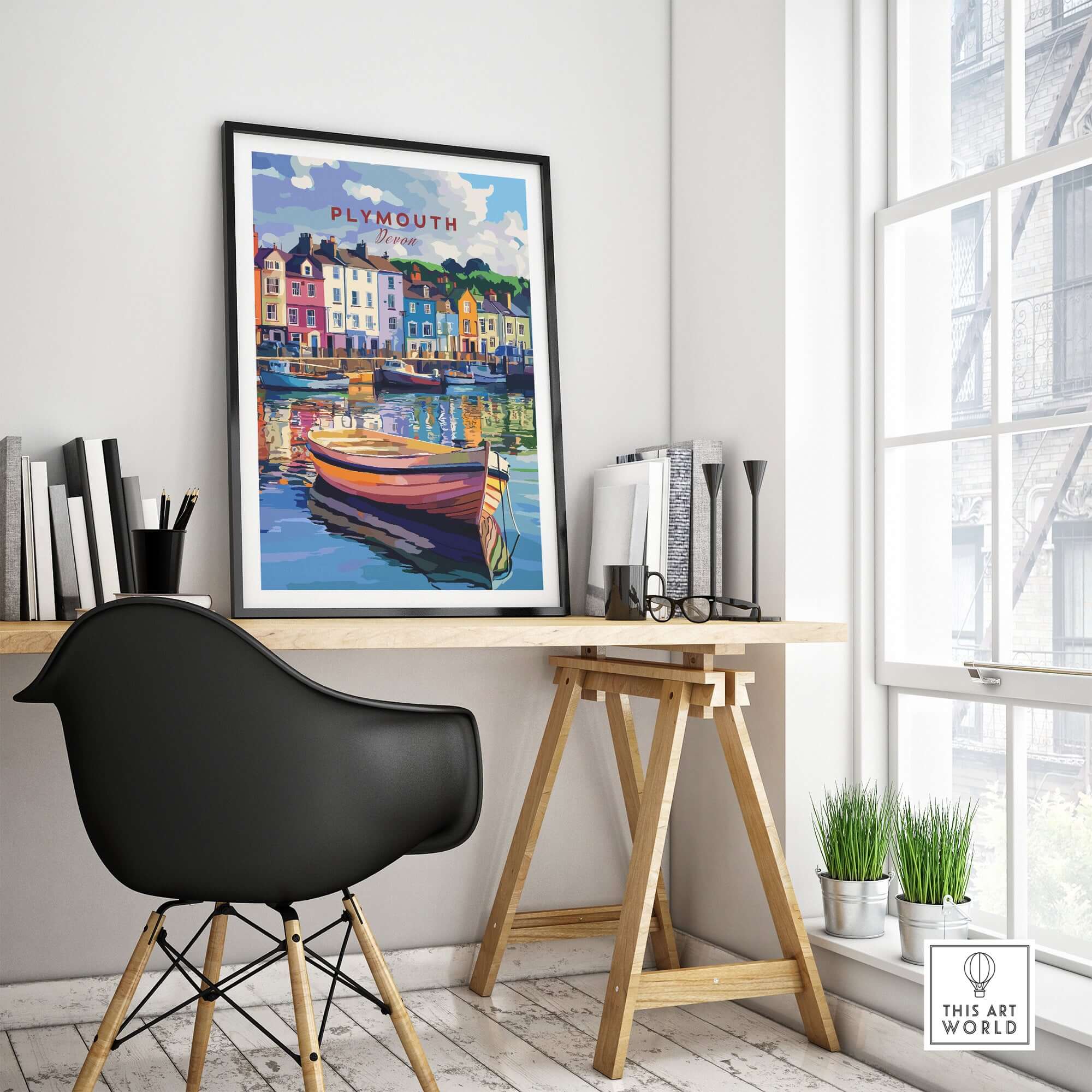 Plymouth Harbour Wall Art - Devon Travel Poster Print showcasing a colorful boating scene in a modern interior setting.