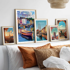 Plymouth Harbour Wall Art - Devon Travel Poster Print displayed among other travel posters in a stylish home setting.