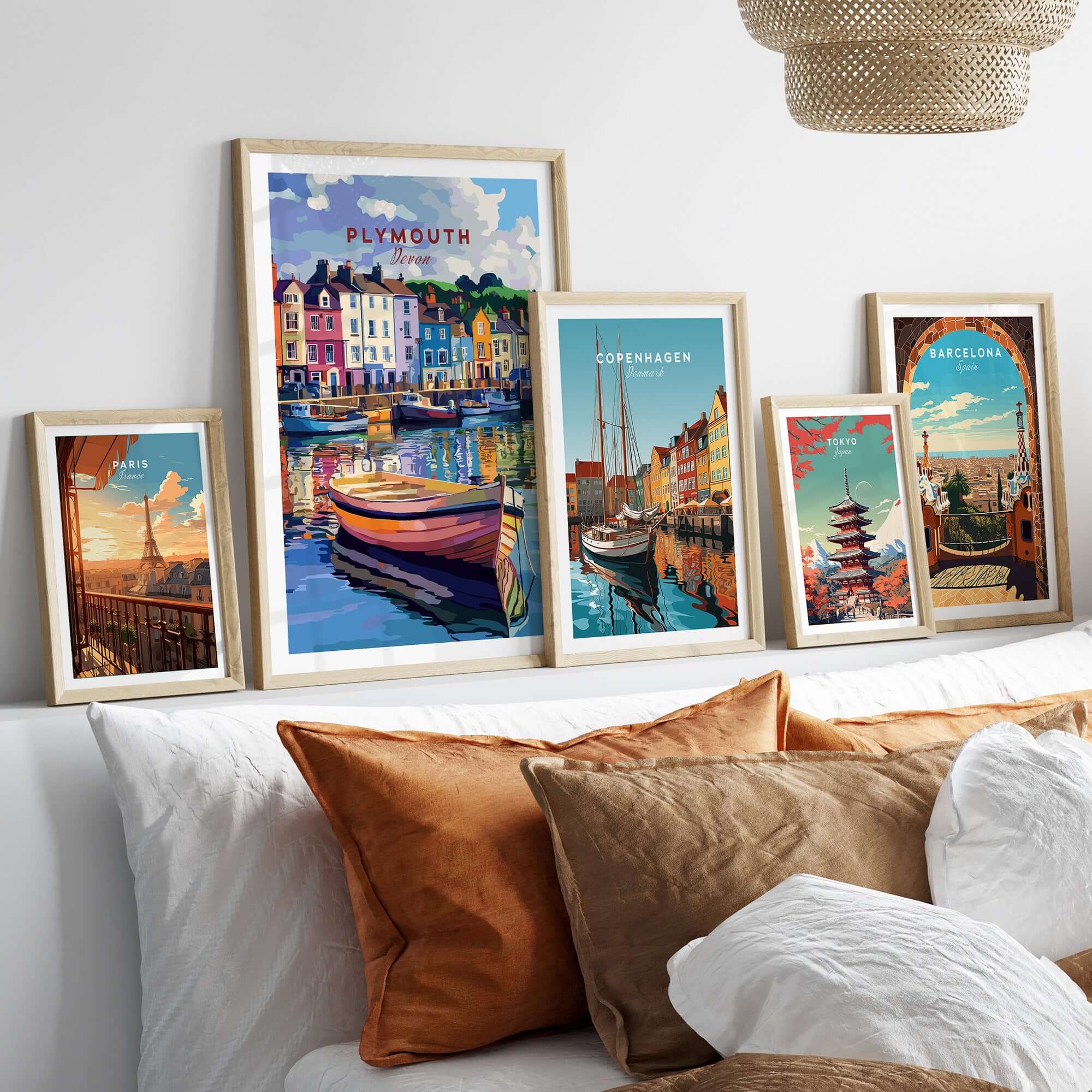 Plymouth Harbour Wall Art - Devon Travel Poster Print displayed among other travel posters in a stylish home setting.