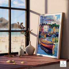 Plymouth Harbour Wall Art - Devon Travel Poster Print showcasing vibrant coastal scenery and colorful boats.