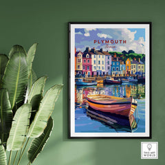 Plymouth Harbour Wall Art - Devon Travel Poster Print featuring colorful houses and a boat in a tranquil waterfront scene.
