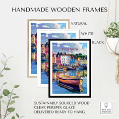 Plymouth Harbour Wall Art - Devon Travel Poster Print displayed in handmade wooden frames in natural, white, and black colors.