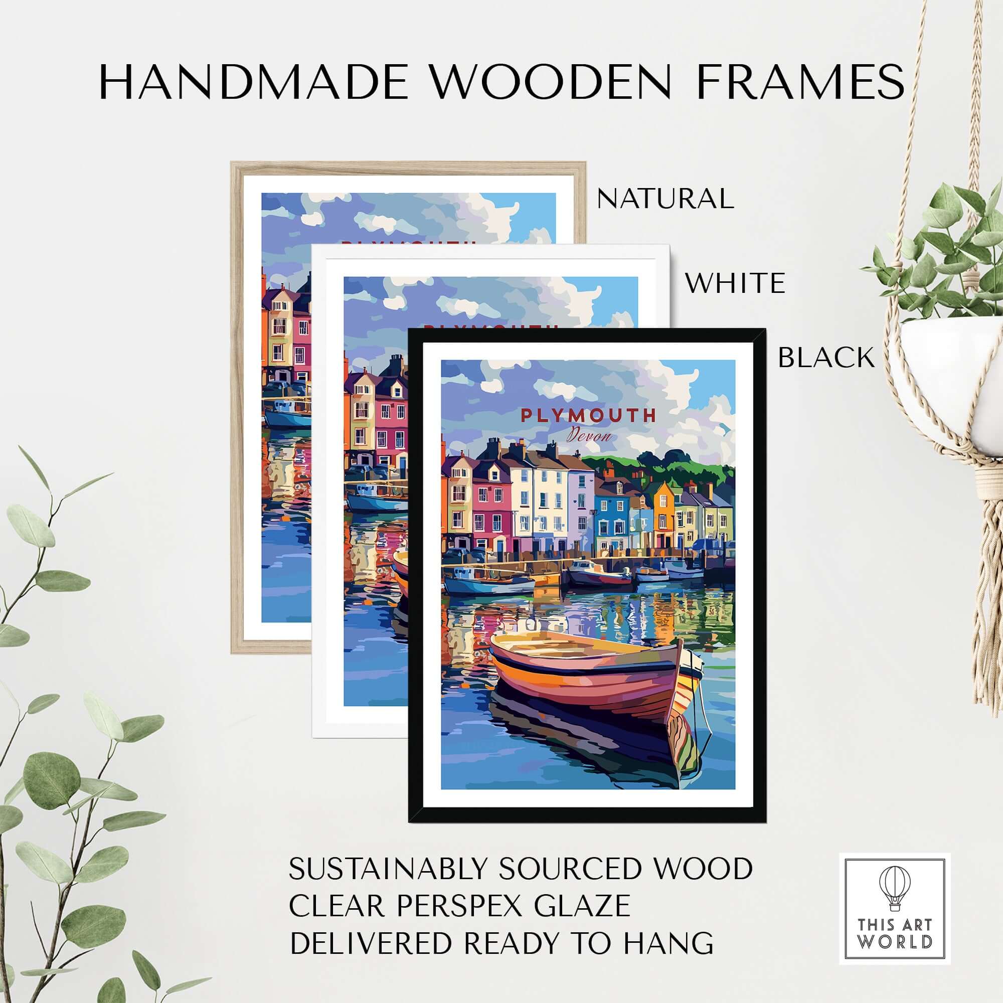 Plymouth Harbour Wall Art - Devon Travel Poster Print displayed in handmade wooden frames in natural, white, and black colors.