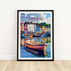 Plymouth Harbour Wall Art - Devon Travel Poster Print showcasing colorful boats and waterfront houses.
