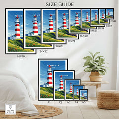 Plymouth Lighthouse Art - Seaside View Travel Poster size guide displaying various framed print sizes.