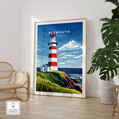 Plymouth Lighthouse Art - Seaside View Travel Poster featuring Smeaton's Tower in a coastal setting.