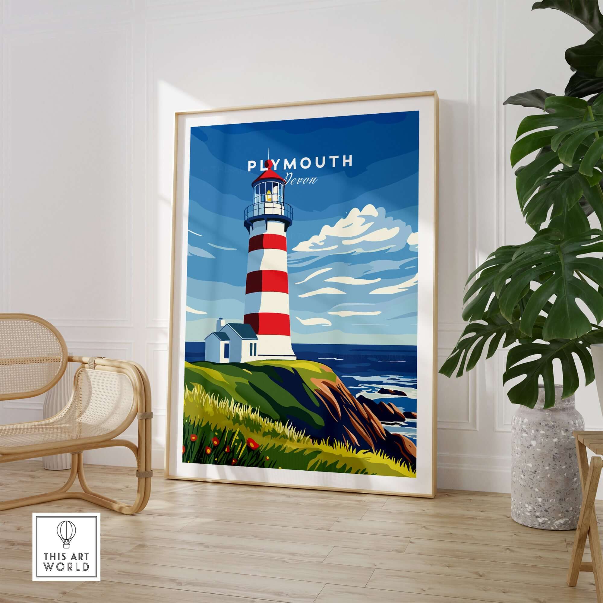 Plymouth Lighthouse Art - Seaside View Travel Poster featuring Smeaton's Tower in a coastal setting.