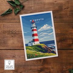Plymouth Lighthouse Art - Seaside View Travel Poster showcasing Smeaton's Tower and scenic coastline.