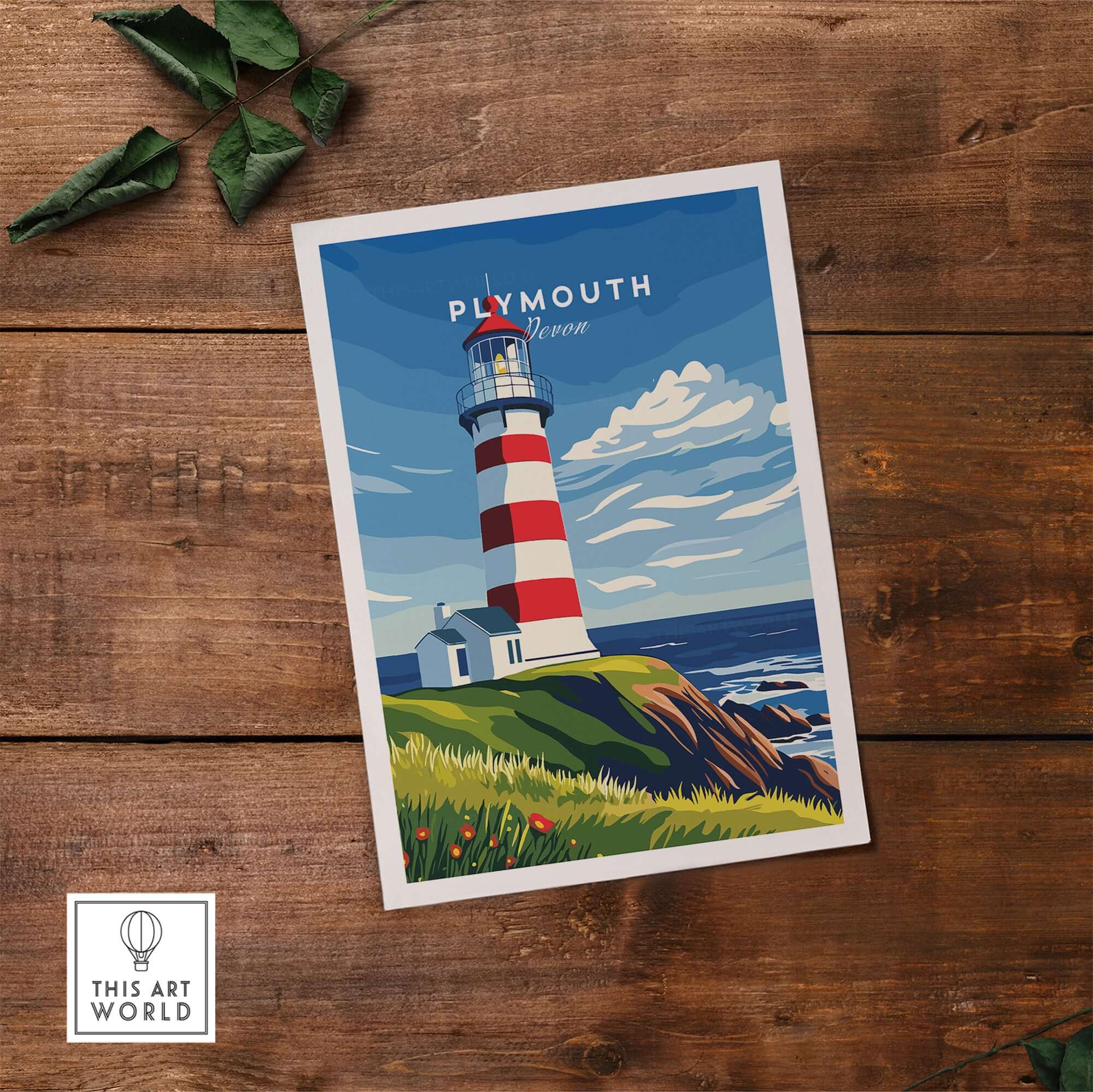 Plymouth Lighthouse Art - Seaside View Travel Poster showcasing Smeaton's Tower and scenic coastline.