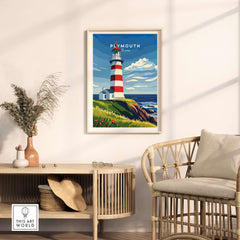 Plymouth Lighthouse Art - Seaside View Travel Poster showcasing Smeaton's Tower in a coastal setting.