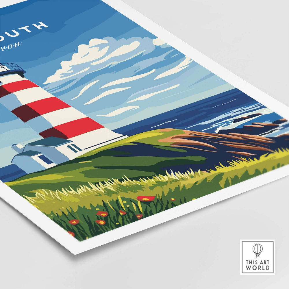 Plymouth Lighthouse art print featuring Smeaton's Tower and scenic seaside view in vibrant colors.