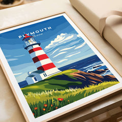 Plymouth Lighthouse Art - Seaside View Travel Poster showcasing Smeaton's Tower and coastal scenery in vibrant colors.