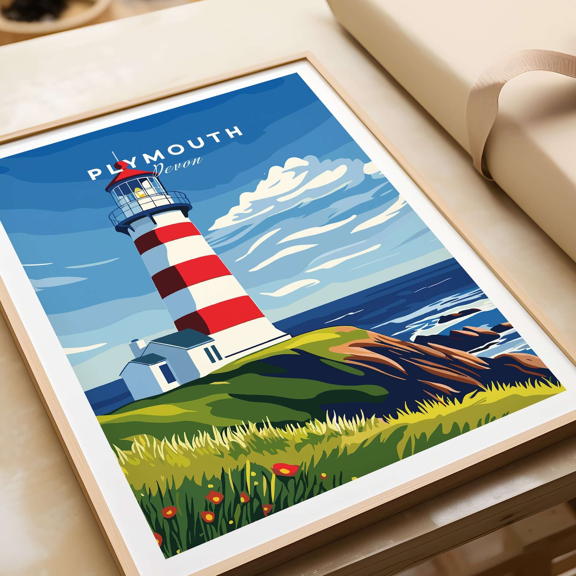 Plymouth Lighthouse Art - Seaside View Travel Poster showcasing Smeaton's Tower and coastal scenery in vibrant colors.