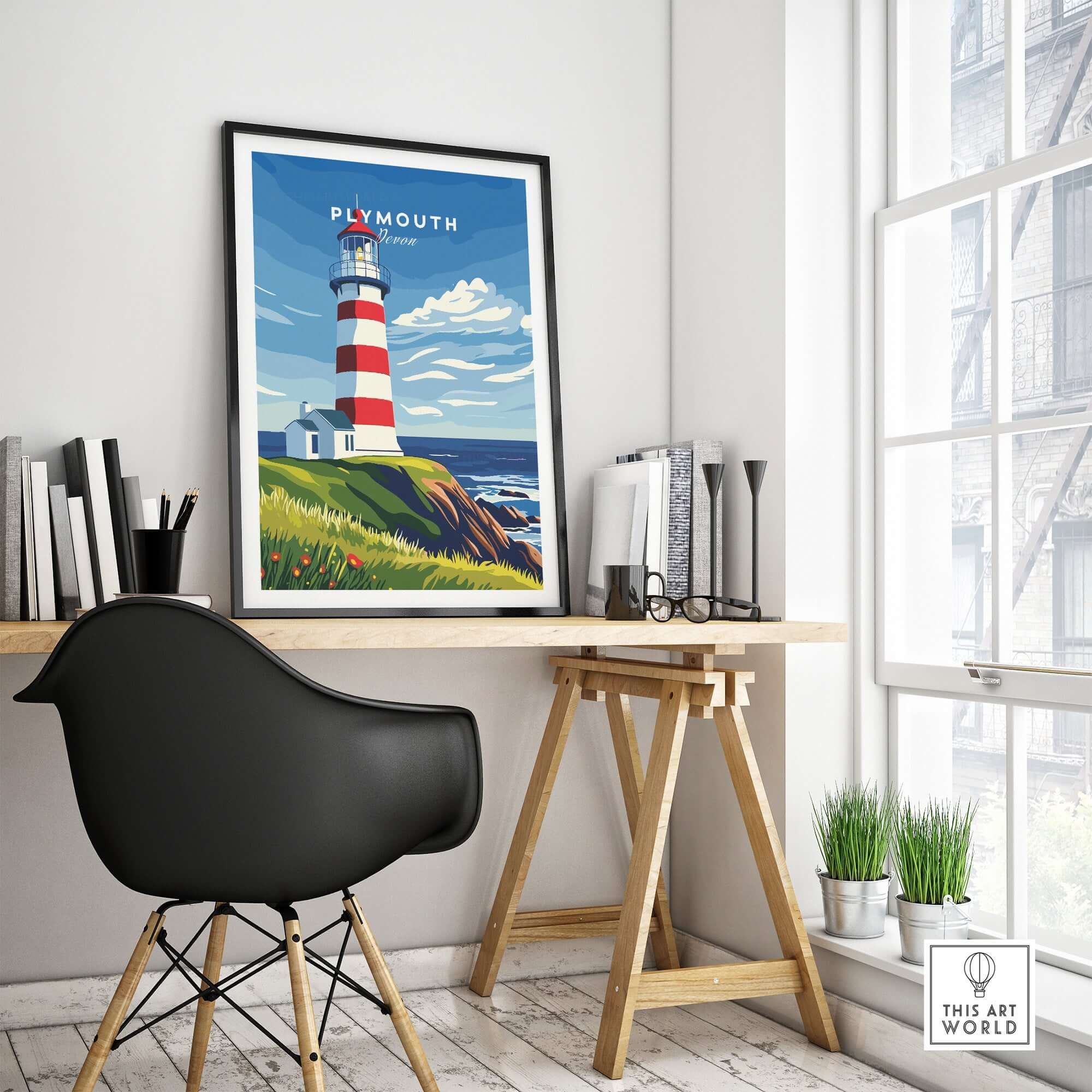 Plymouth Lighthouse Art - Seaside View Travel Poster displayed in a stylish office setting with modern decor.