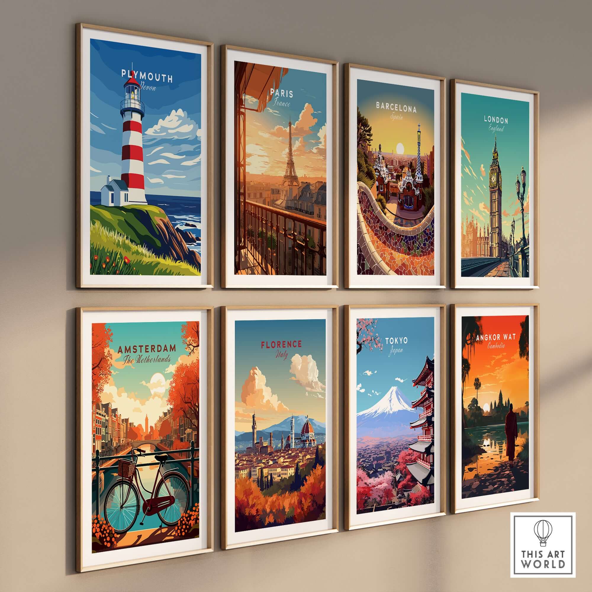 Plymouth Lighthouse Art - Seaside View Travel Poster collection of city travel posters on a wall.
