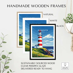 Plymouth Lighthouse Art - Seaside View Travel Poster displayed in handmade wooden frames in natural, white, and black.