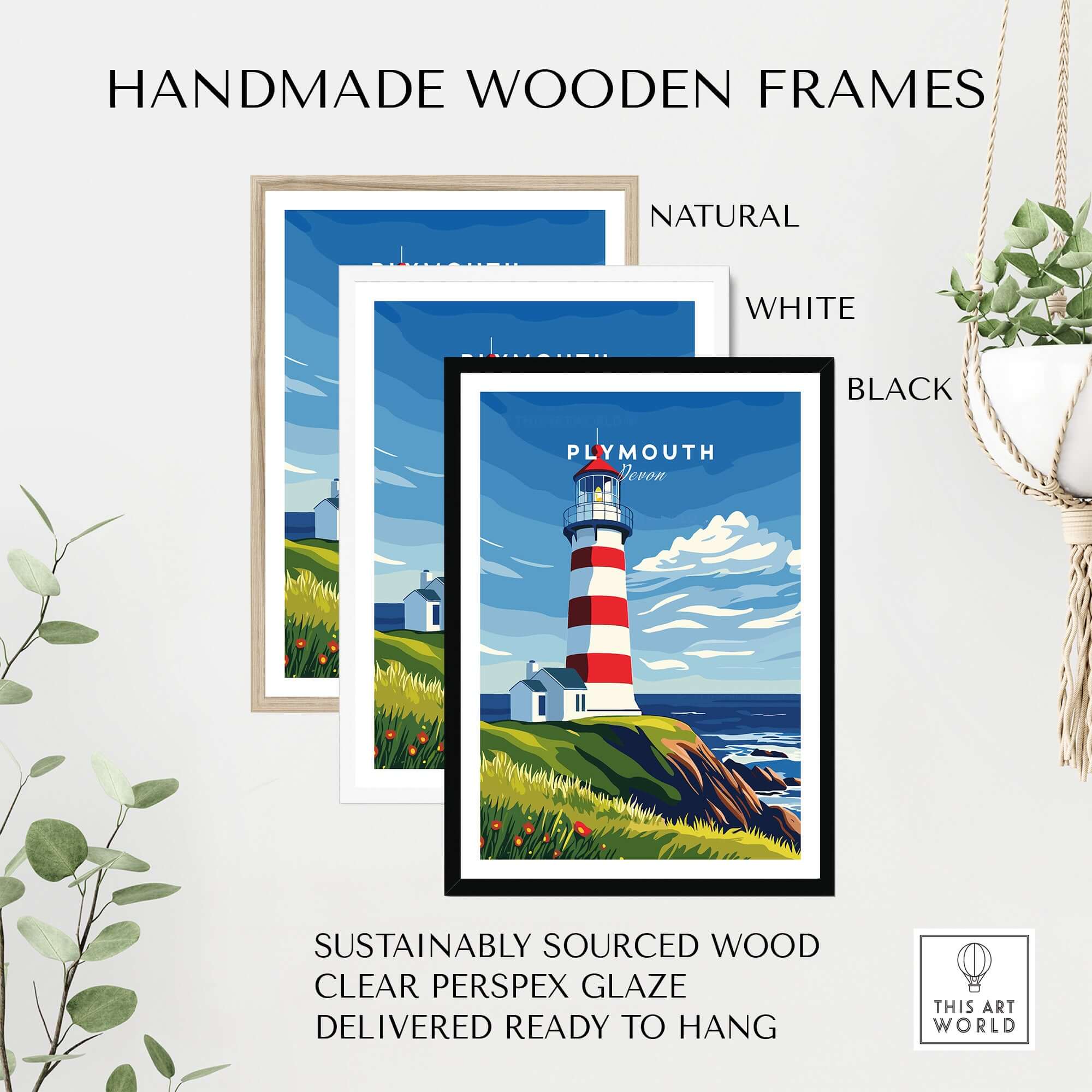 Plymouth Lighthouse Art - Seaside View Travel Poster displayed in handmade wooden frames in natural, white, and black.