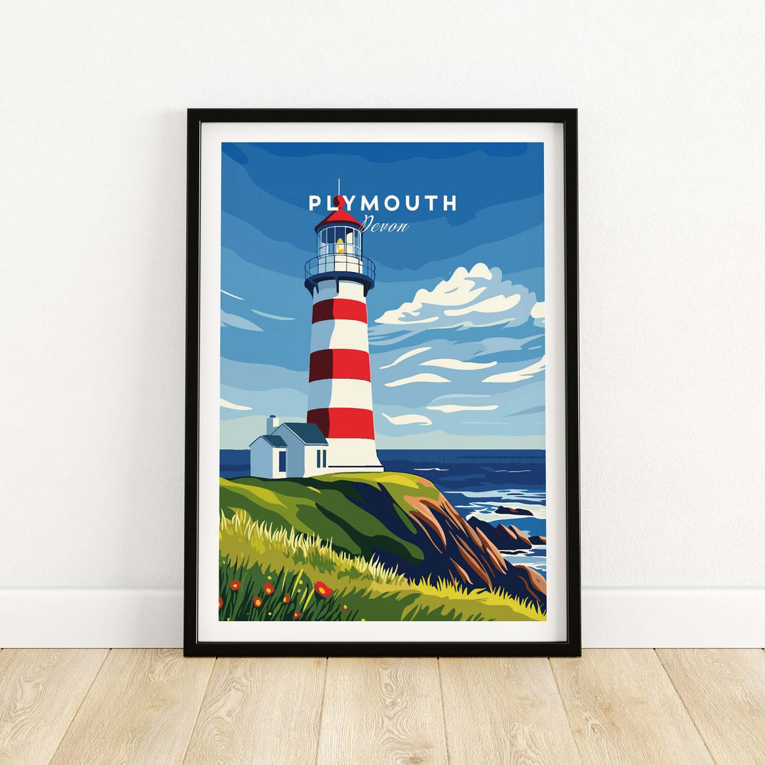 Plymouth Lighthouse art print featuring Smeaton's Tower and scenic seaside view, perfect for coastal decor.