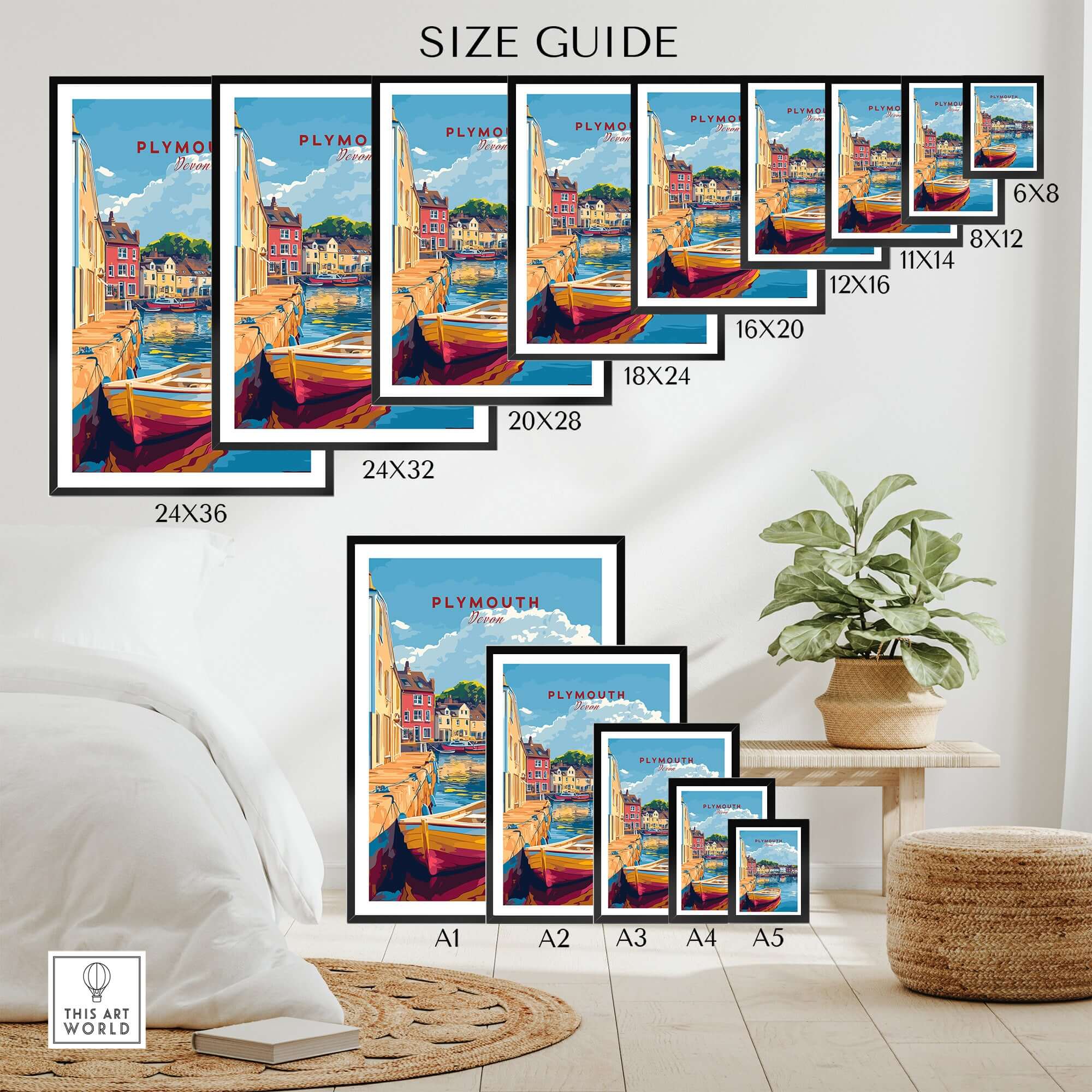 Size guide for Plymouth Travel Poster showcasing various frame sizes and designs for home decor.