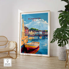 Plymouth Travel Poster showcasing a picturesque harbour scene, perfect for wall decor and travel lovers.