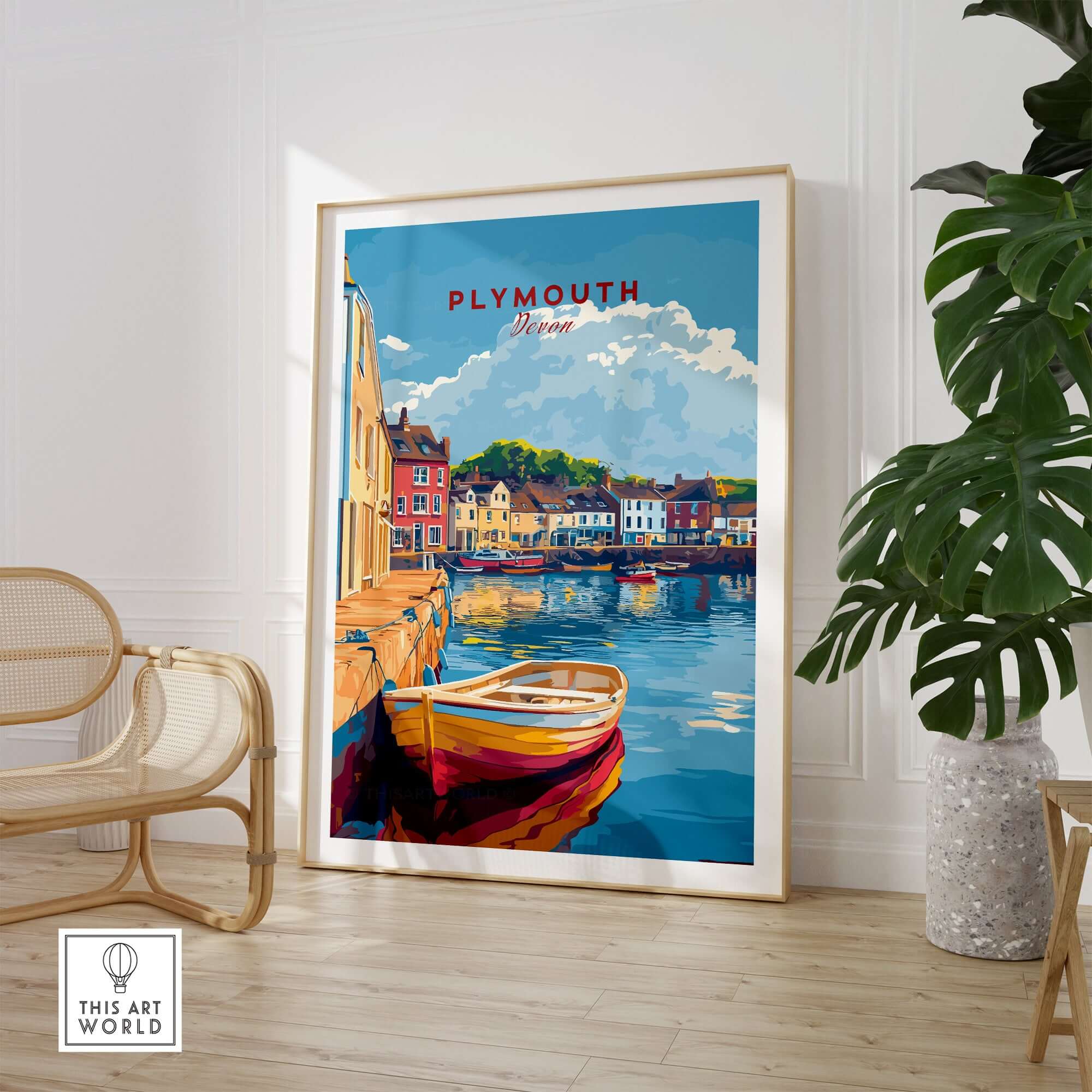 Plymouth Travel Poster showcasing a picturesque harbour scene, perfect for wall decor and travel lovers.