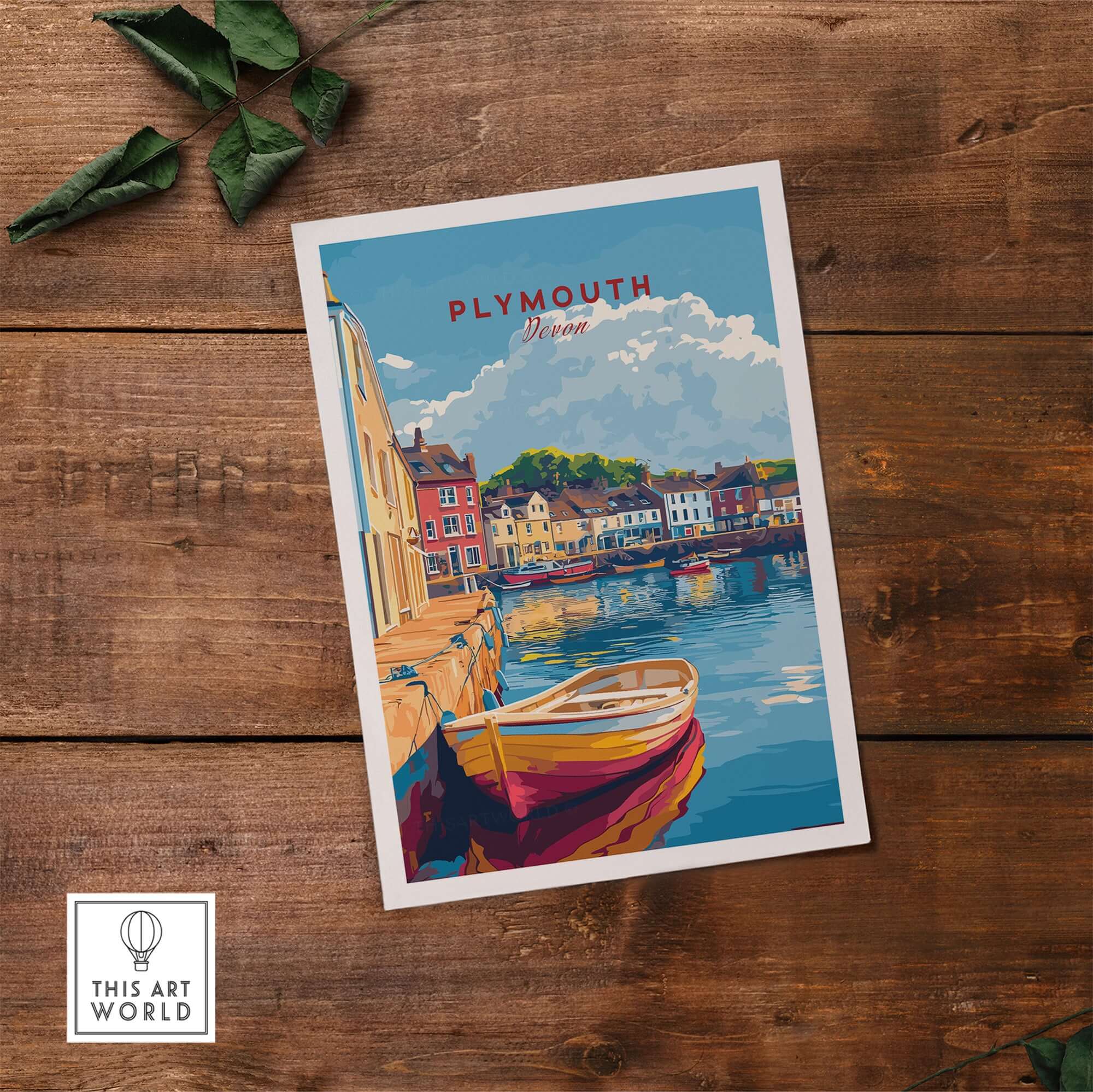 Plymouth Travel Poster showcasing a picturesque harbour scene with colorful buildings and a boat on the water.