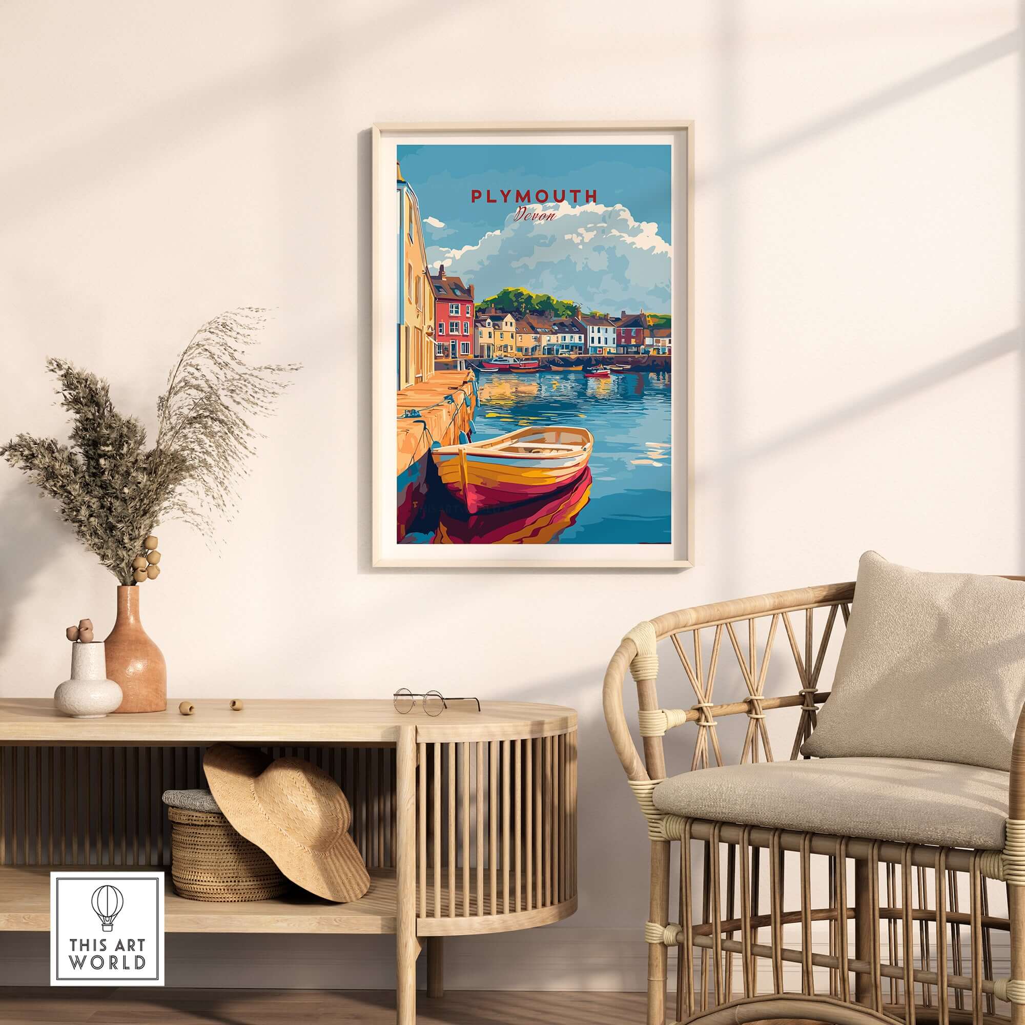 Plymouth Travel Poster showcasing a picturesque harbour, perfect for wall decor and travel enthusiasts.