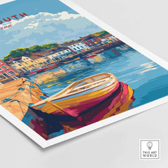 Plymouth Travel Poster showcasing a vibrant harbour scene with a colorful boat and charming buildings in Devon.