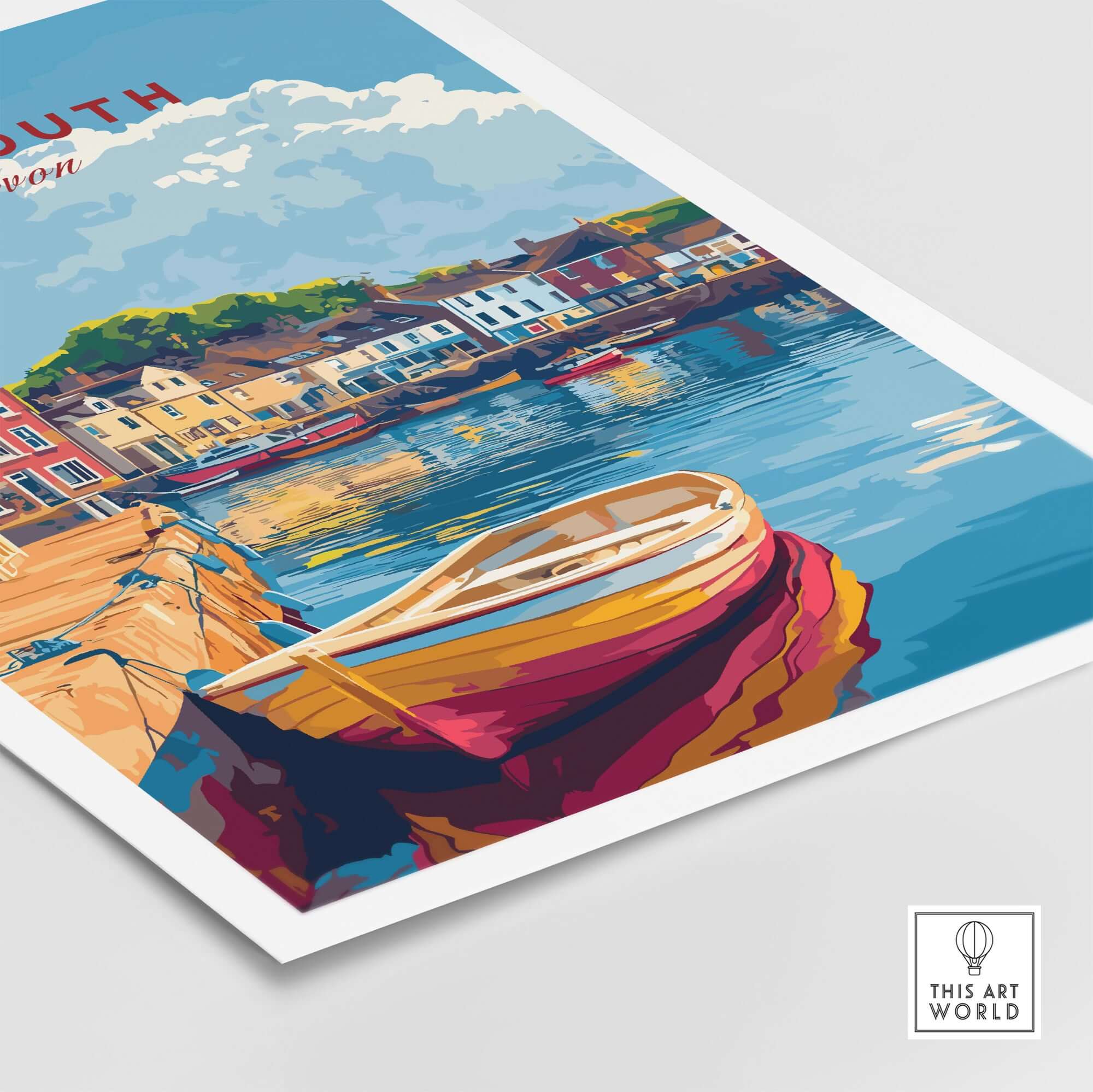 Plymouth Travel Poster showcasing a vibrant harbour scene with a colorful boat and charming buildings in Devon.