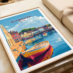 Plymouth Travel Poster showcasing a picturesque harbour with colorful boats and historic buildings in Devon.