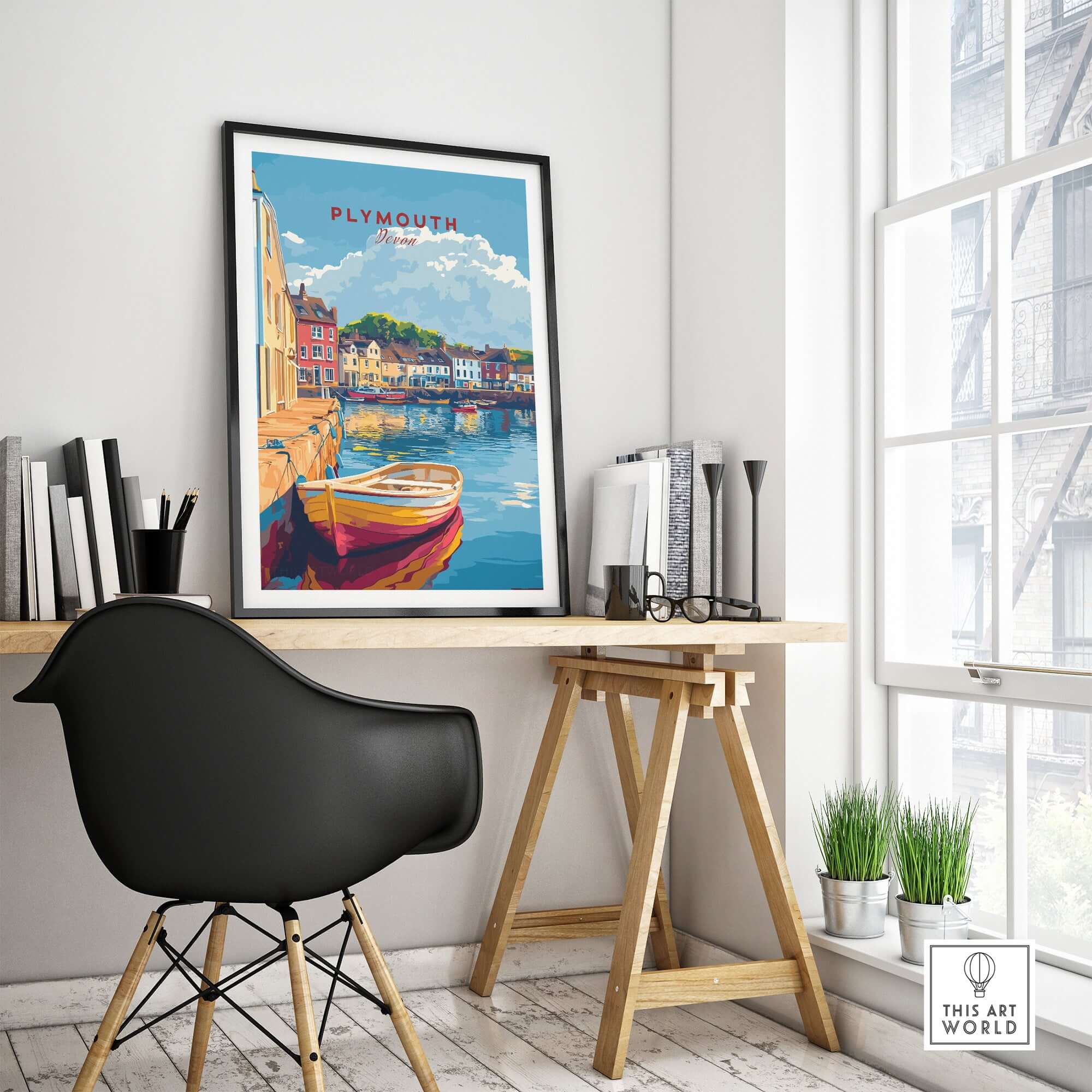 Plymouth Travel Poster showcasing picturesque harbour and vibrant colors in a stylish interior setting.