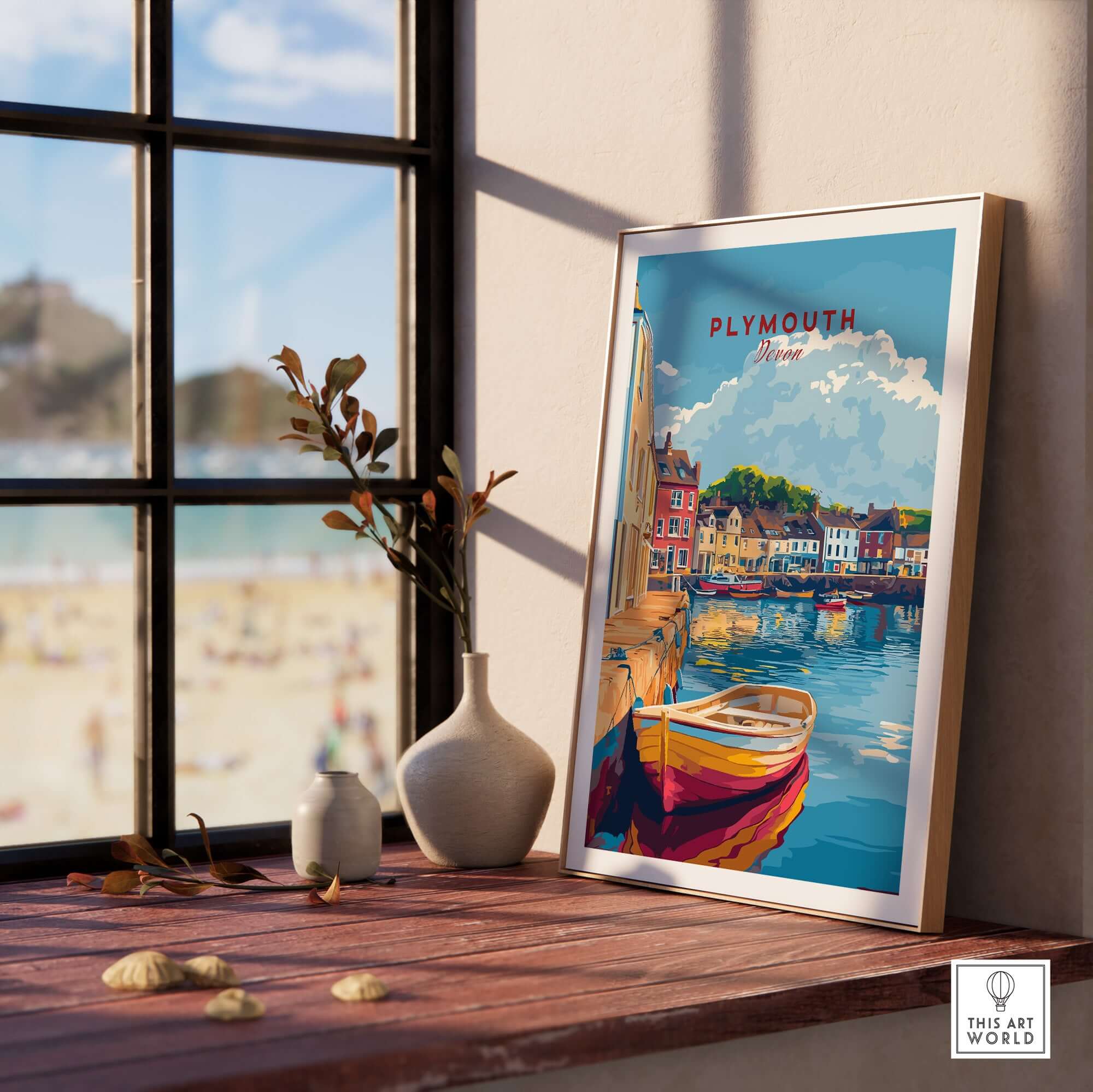 Plymouth Travel Poster showcasing a colorful harbour scene, perfect for inspiring wanderlust and enhancing home decor.