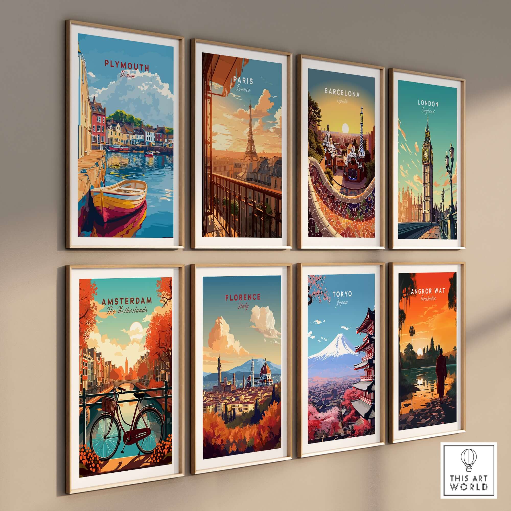 Plymouth Travel Poster displayed among other iconic city travel posters in stylish wall decor.