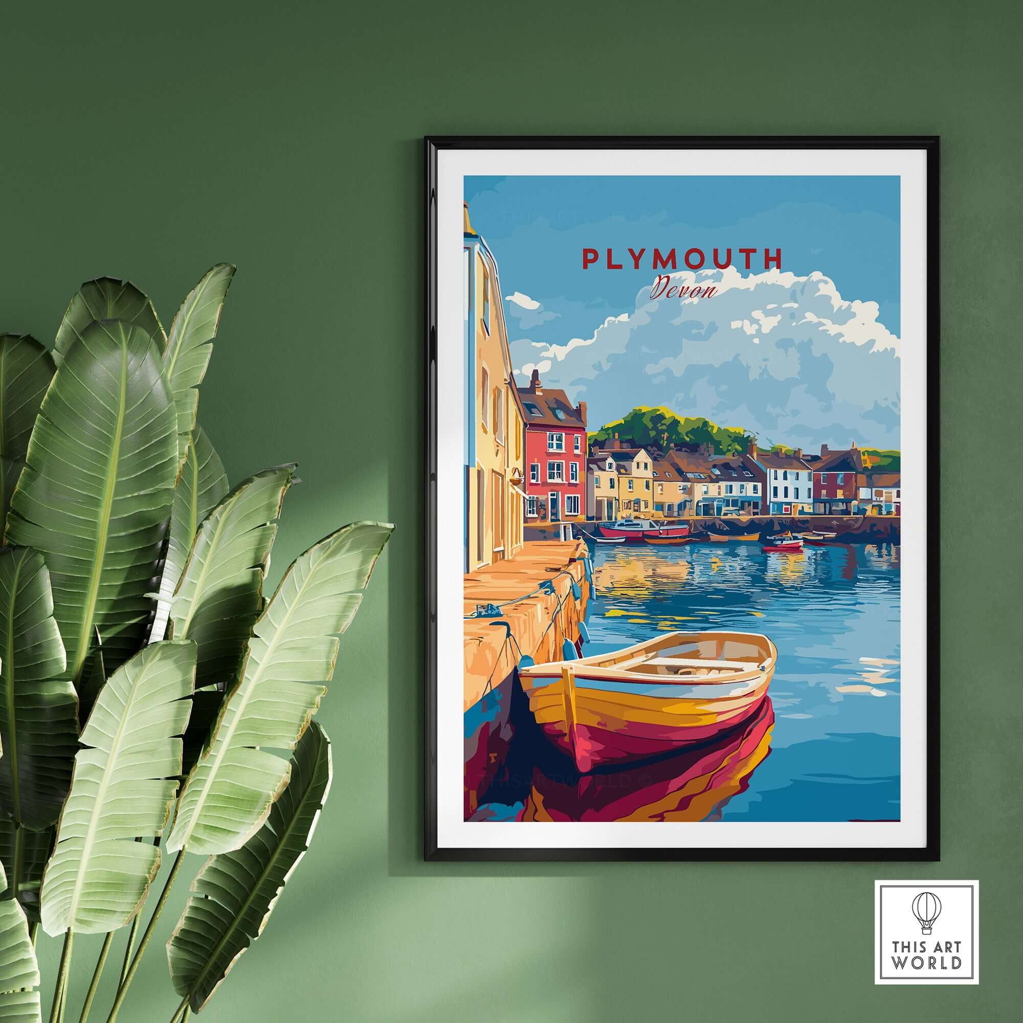 Plymouth Travel Poster featuring a picturesque harbour scene in Devon, perfect for wall decor and travel lovers.