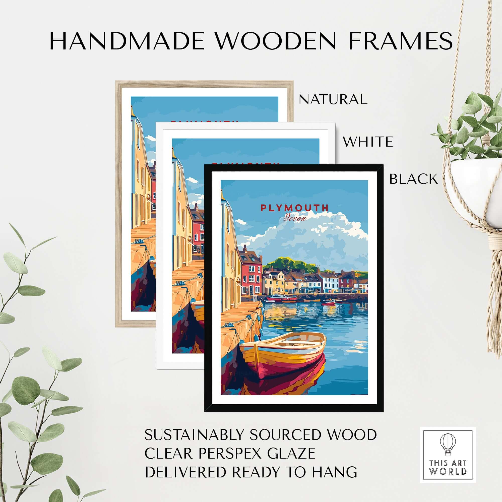 Plymouth Travel Poster framed in handmade wooden frames in natural, white, and black options.
